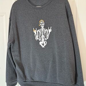 Gray Crewneck Sweater with Skeleton Graphic